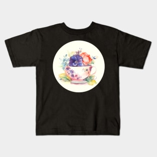 Whimsical Teacup with Flowers Kids T-Shirt